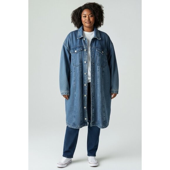 Eloquii Long Denim Jean Jacket Womens Plus Size 26 Blue Button Front - Picture 1 of 11